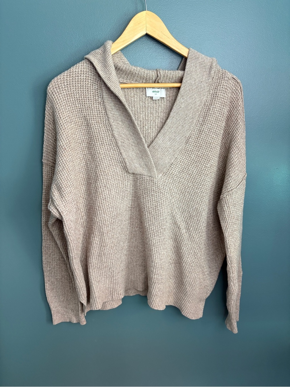 Aerie Women’s CozyUp Waffle Sweater Hoodie Oatmeal Size S - Picture 2 of 8